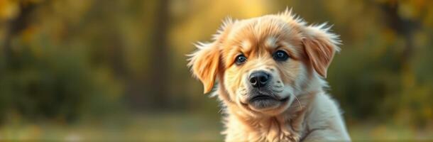 Playful golden puppy enjoys a sunny day in the park surrounded by lush greenery photo