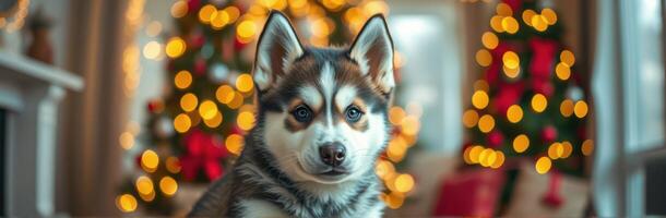 Cute puppy poses in front of Christmas trees decorated with lights and ornaments in a cozy indoor setting during the holiday season photo
