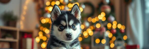 Cute husky puppy sitting in front of a decorated Christmas tree with glowing lights in a cozy living room photo