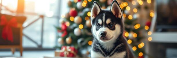 Cute husky puppy sits in a festive living room decorated for Christmas with a tree and presents photo