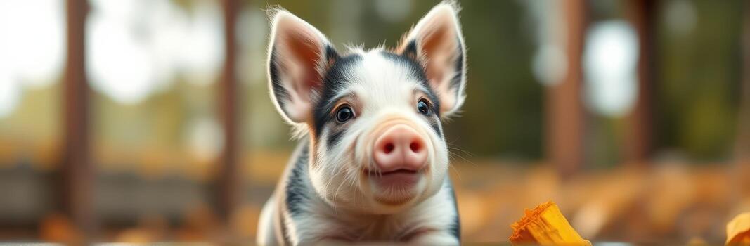 Playful piglet enjoying a sunny day in a barnyard setting with colorful autumn foliage photo