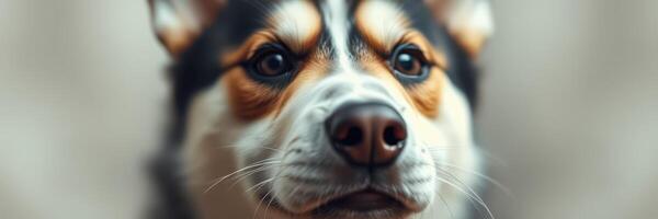 Close-up of a playful dog looking directly at the camera in a soft indoor setting during the afternoon photo