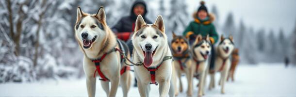 Exciting dog sledding adventure through the snowy wilderness in winter photo