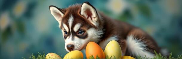 Cute puppy explores colorful Easter eggs in a vibrant spring setting with lush greenery and a soft background photo