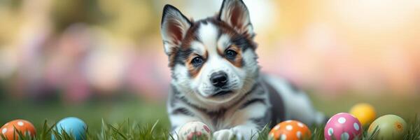 Cute puppy with colorful Easter eggs in a sunny outdoor setting enjoying a playful moment in spring photo