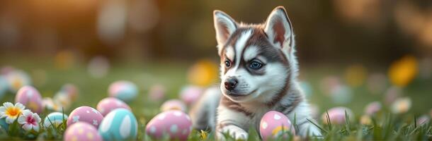 Cute puppy surrounded by colorful Easter eggs in a vibrant grassy field during sunset photo