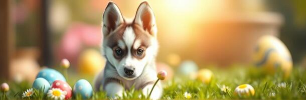 Corgi puppy playing with colorful eggs in a sunny garden during Easter celebrations photo