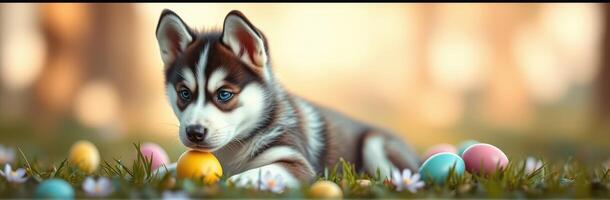 Cute husky puppy with colorful Easter eggs in a sunny garden setting during springtime playfulness photo
