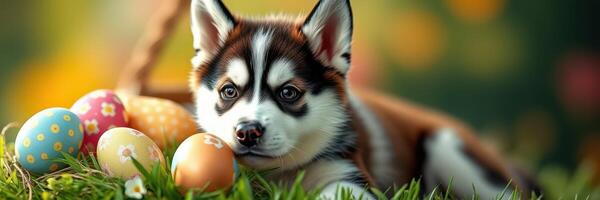 Puppy lying on grass next to colorful Easter eggs in a vibrant spring setting photo