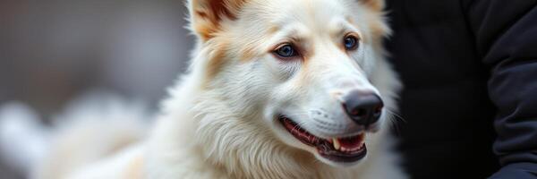 White fluffy dog displays joyful expression while being petted in a cozy indoor setting during winter morning photo