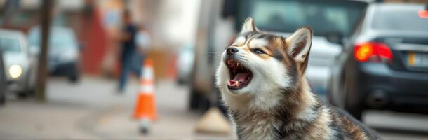 Husky dog barking on a busy city street with cars passing by and people in the background photo