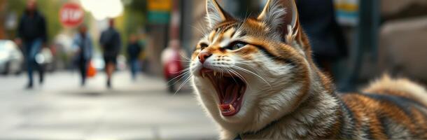 Cat loudly vocalizing on a busy city street during afternoon hours photo