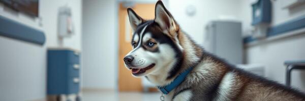 Happy husky in a veterinary clinic during a check-up with medical equipment in the background photo