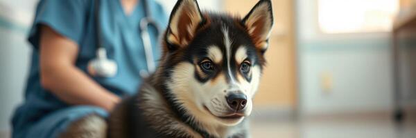 Cute husky dog sitting calmly in veterinary clinic with a caregiver nearby during a routine check-up photo