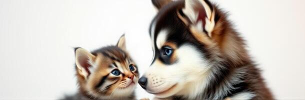 Adorable kitten and puppy share a playful moment in a light background photo