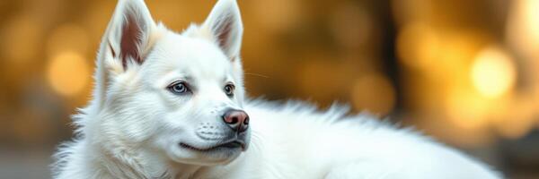 Majestic white dog relaxing in a peaceful outdoor setting during golden hour photo