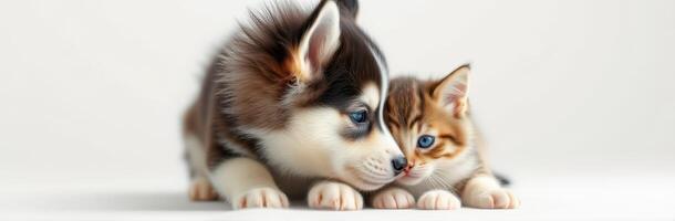 Close friendship between a husky puppy and a kitten in a cozy indoor setting during daylight photo