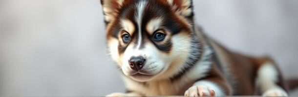 Cute puppy with striking blue eyes resting on a wooden surface in a soft-lit room photo