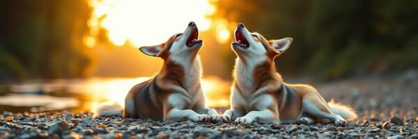Two corgis howling together by a river during sunset creating a beautiful and serene atmosphere photo