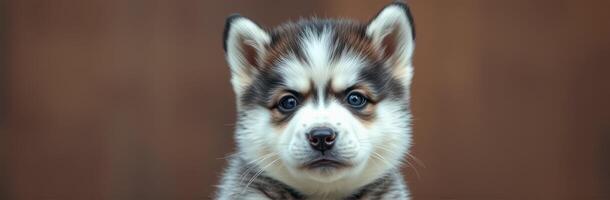 Small fluffy puppy with striking features looks directly at the camera in a cozy indoor setting during daylight photo