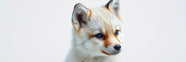 Fluffy young fox with bright blue eyes gazing curiously against a plain background photo