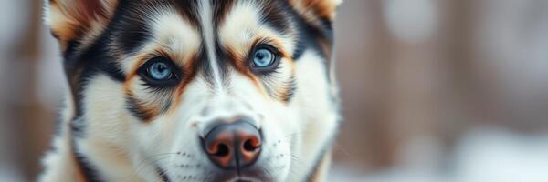 Beautiful husky with bright blue eyes enjoys winter scenery in the snowy landscape photo