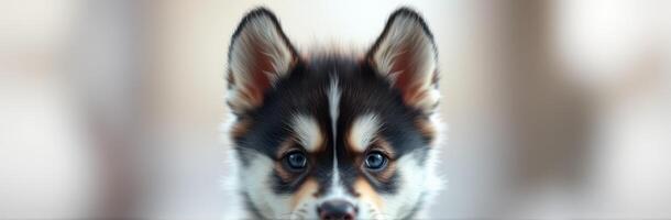 Cute puppy peers curiously from behind a table in a bright indoor setting photo