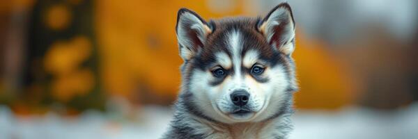 Captivating alaskan husky puppy posing outdoors in vibrant autumn scenery photo