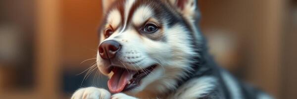 Playful husky puppy enjoying a moment inside a cozy home environment photo