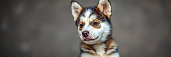 Playful puppy with striking fur pattern posing for a close-up shot in a soft outdoor light photo