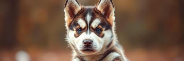 Playful husky puppy with striking features exploring a natural setting during the golden hour photo