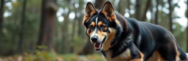 Black and tan dog exploring a serene forest with lush trees and natural light during a sunny day photo