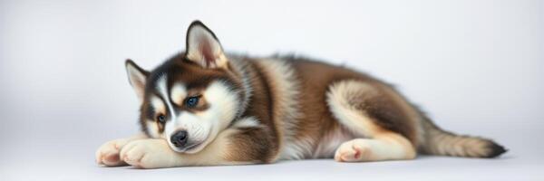 Cute husky puppy resting comfortably on a soft surface during a calm indoor setting photo
