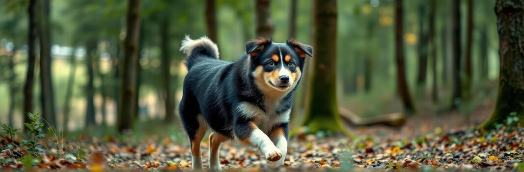 Dog walking through a colorful forest during autumn with fallen leaves and tall trees in the background photo