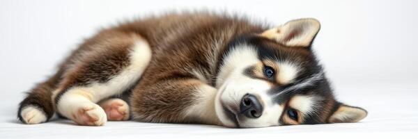 Playful Siberian Husky puppy resting comfortably on a smooth surface in a bright indoor setting during the day photo