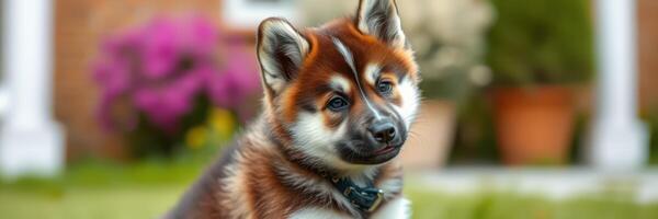 Cute puppy explores a sunny garden with colorful flowers in the background during a vibrant spring afternoon photo