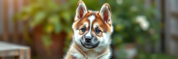 Brown and white dog standing outdoors with a curious expression in a vibrant garden during daylight photo