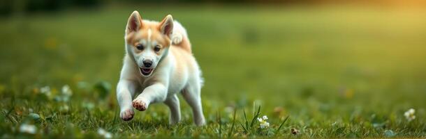 Playful puppy running in a green field with flowers during a sunny day photo