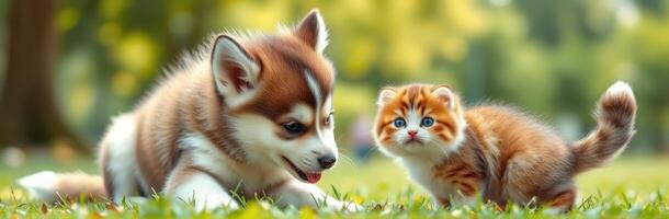 Cute kitten and playful puppy enjoy a sunny day in the park while exploring their surroundings together photo
