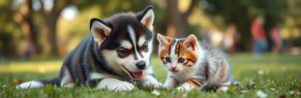 Cute puppy and kitten playing together in a sunny park on a warm afternoon photo