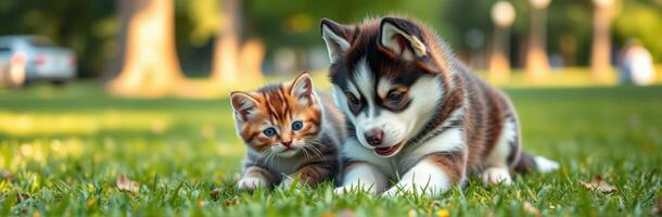 Cute kitten and puppy playing together in the green grass during a sunny day in the park photo