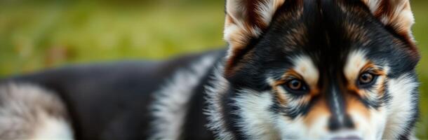 Close-up of a husky puppy resting in a grassy area during the early morning light photo