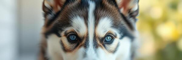 Close-up of a curious dog with striking eyes and beautiful fur exploring its surroundings in a bright indoor space photo