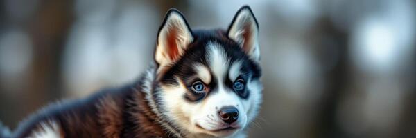 Cute husky puppy with striking blue eyes plays in a wooded area during early morning light photo