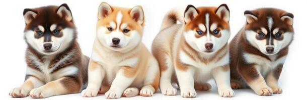 Cute shiba inu puppies sitting together in a cozy indoor setting showcasing their playful nature and variety of colors photo