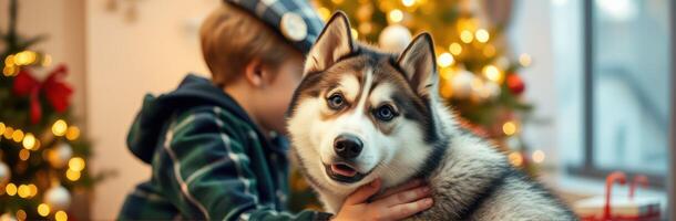 Child interacts affectionately with a husky dog near a beautifully decorated Christmas tree in a cozy indoor setting photo