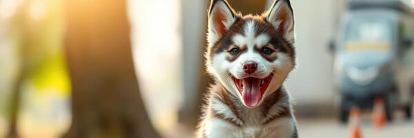 Happy husky puppy playing outdoors in the evening sunlight with a joyful expression photo