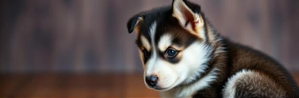 Cute husky puppy with striking fur patterns looking curiously to the side indoors photo
