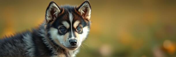 Cute puppy in a sunny field with vibrant flowers during late afternoon photo