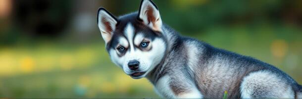 Husky puppy relaxing in a green garden during sunny spring afternoon photo